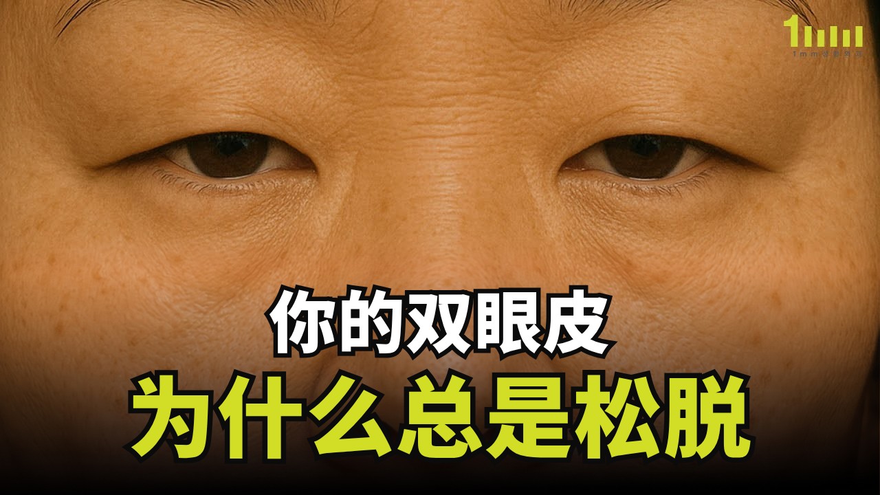 近距离拍摄的、看不到双眼皮线条的双眼照片，下方叠加着“你的双眼皮为什么总是松脱”字样的视频封面
