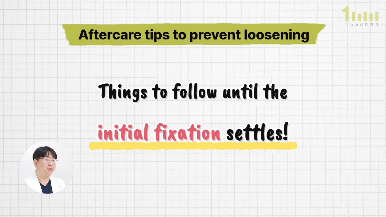 Video screen on a grid background with the title ‘Aftercare tips to prevent loosening’ and the handwritten words ‘Things to follow until the initial fixation settles!’, with a member of the medical team explaining in a circle at lower left