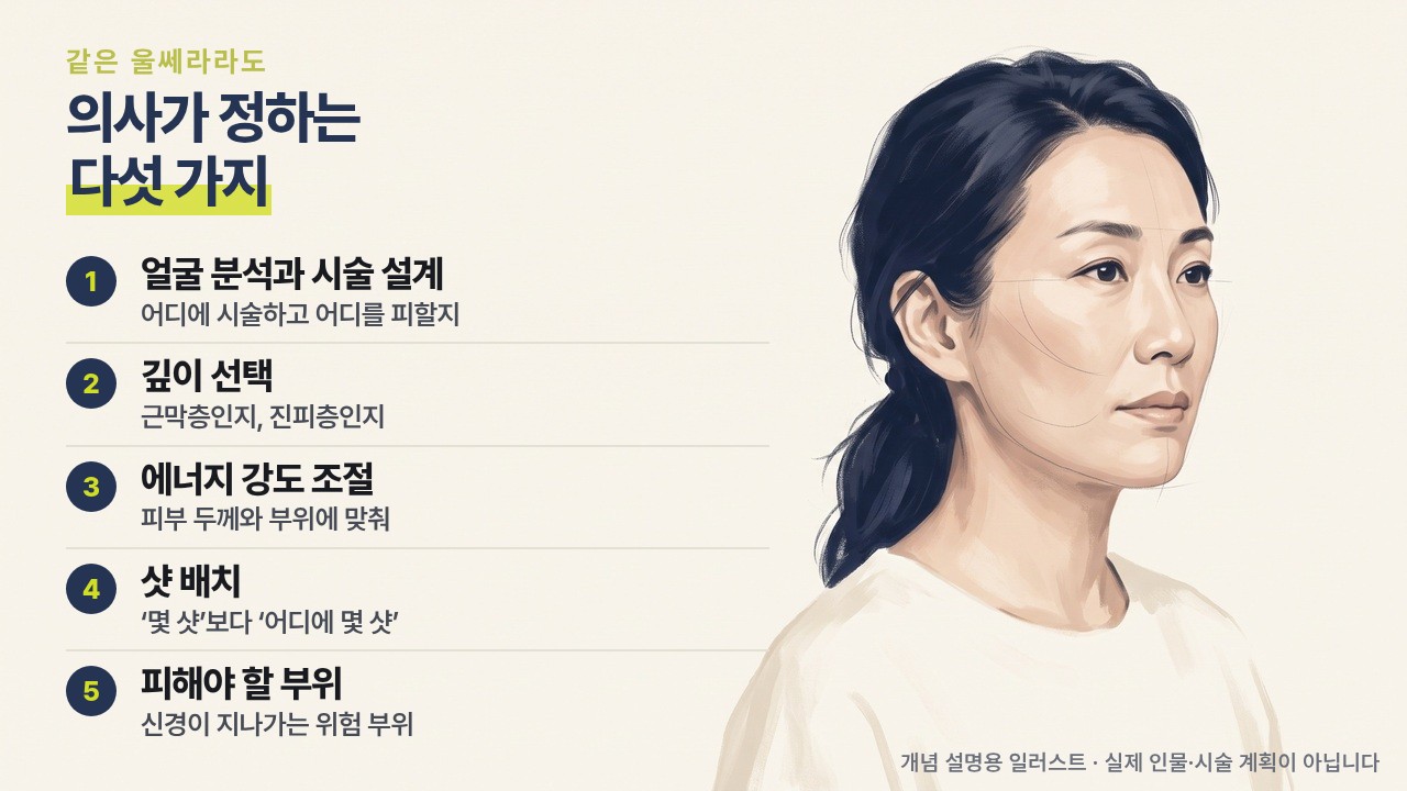 On an ivory background, a side-profile illustration of a seated woman is on the right, with faint pencil guidelines drawn across the cheekbone, cheek, and jawline. On the left, under the title 'Five things the doctor decides, even with the same Ulthera,' is a numbered list: 1 Face analysis and treatment planning, 2 Depth selection, 3 Energy level control, 4 Shot placement, 5 Areas to avoid.