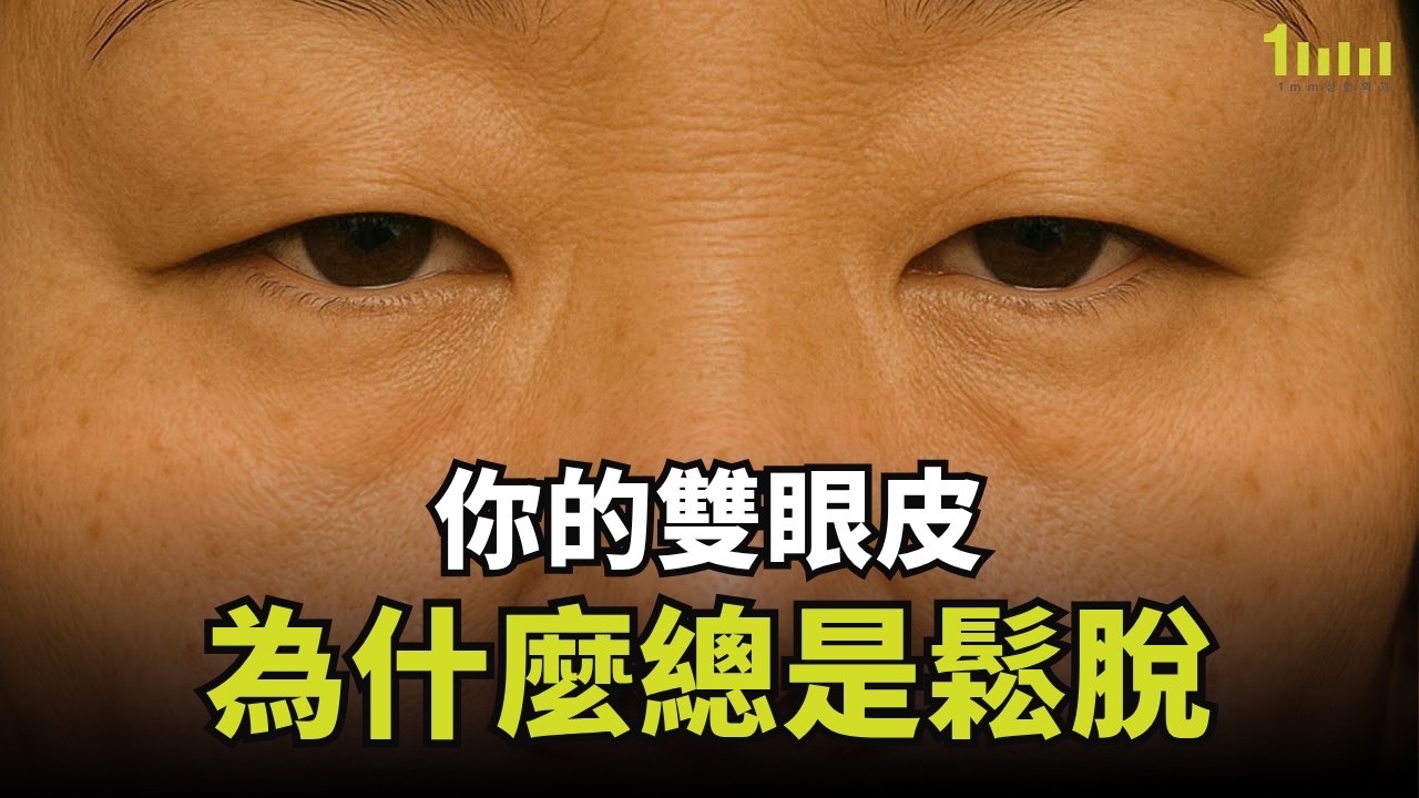 影片縮圖：近距離拍攝、看不到雙眼皮摺線的雙眼照片，下方疊上「你的雙眼皮為什麼總是鬆脫」字樣