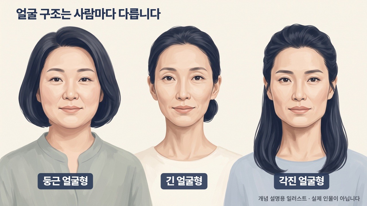 On an ivory background, an illustration of three women of similar age standing side by side with different face shapes. On the left is a round face with a bob haircut and a grayish-green outfit; in the center is a long face with hair in a low bun and an ivory outfit; on the right is a square face with shoulder-length hair and a pale sky-blue outfit. Each face has a face-shape label beneath it, and the title 'Face structure differs from person to person' appears at the top.