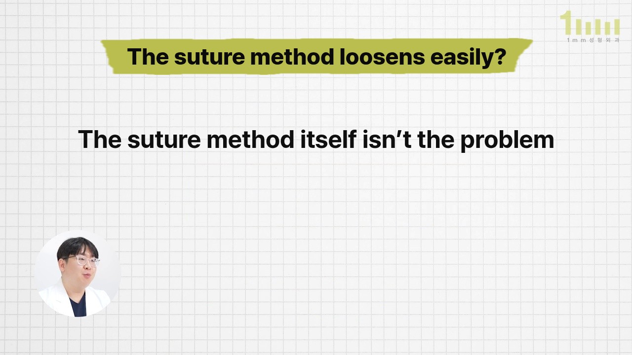 Video screen on a grid background with the title ‘The suture method loosens easily?’ and the words ‘The suture method itself isn’t the problem’, with a member of the medical team explaining in a circle at lower left