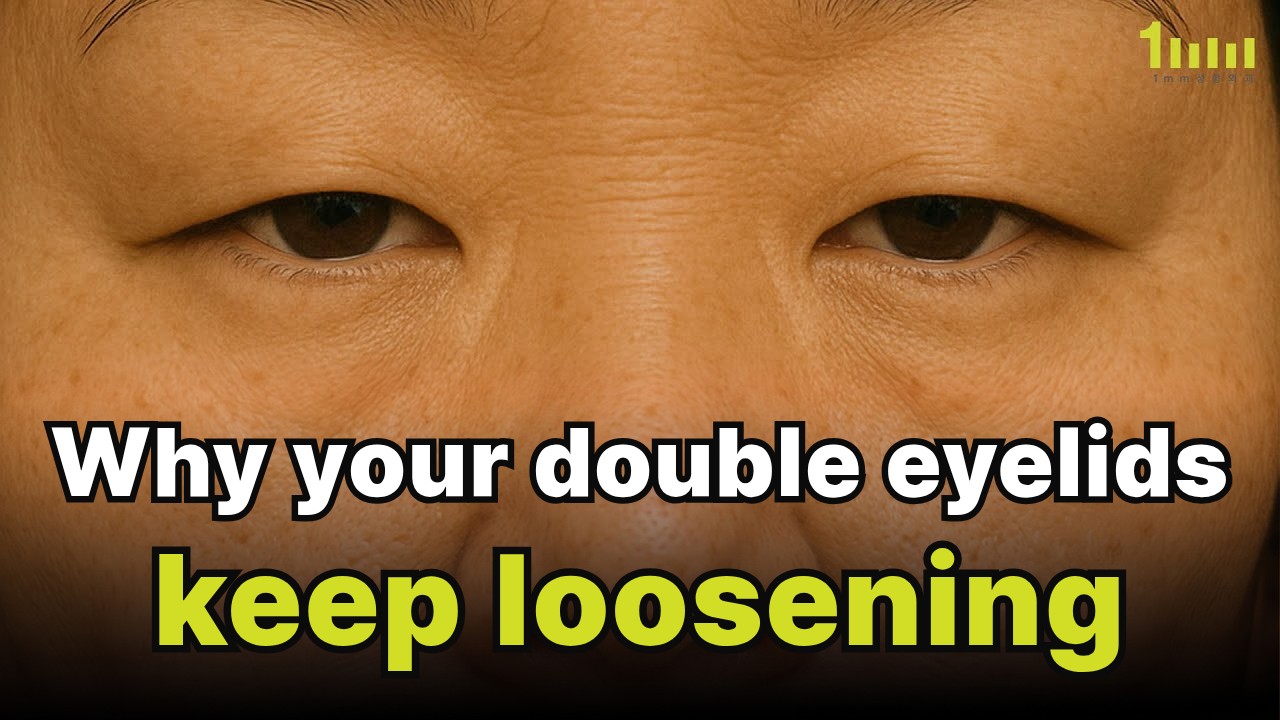 Video thumbnail: a close-up of two eyes with no visible double-eyelid crease, with the words ‘Why your double eyelids keep loosening’ overlaid at the bottom