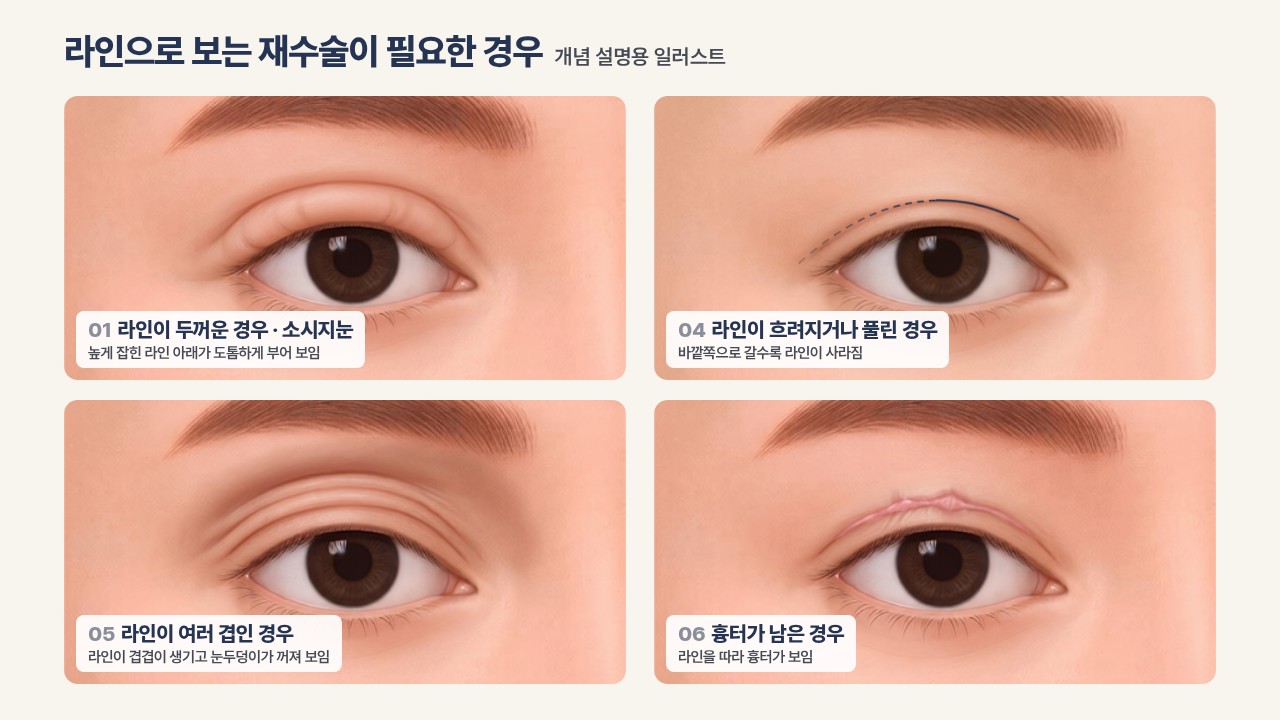 四張眼睛插圖排成2列2行。標籤分別為「01 雙眼皮線過寬的情況（香腸眼）— 位置過高的線條下方看起來厚實腫脹」、「04 線條模糊或鬆脫的情況 — 越往外側線條越不明顯」（線條位置以內側實線、外側虛線表示）、「05 多層線條的情況 — 線條層層疊出，眼皮看起來凹陷」、「06 殘留疤痕的情況 — 沿著線條可見疤痕」