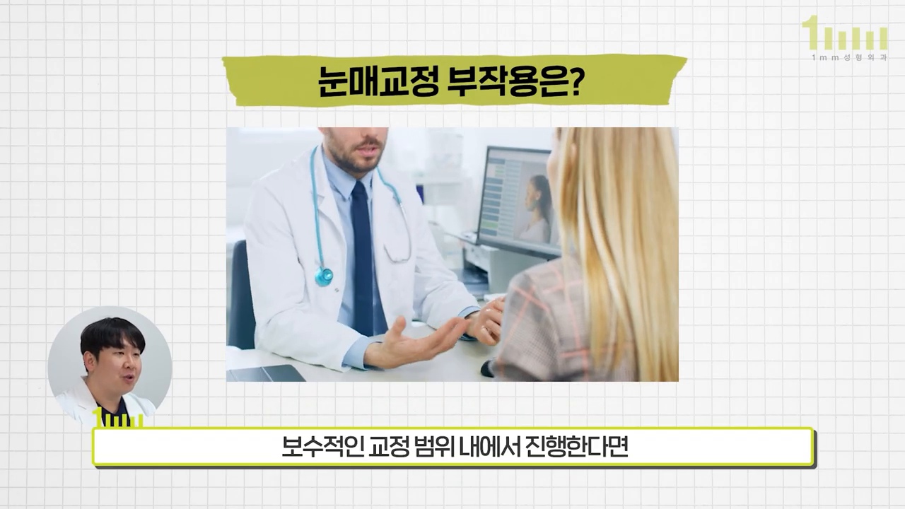 「눈매교정 부작용은?」 이라는 제목과 진료 상담 장면을 보여주는 영상 설명 화면