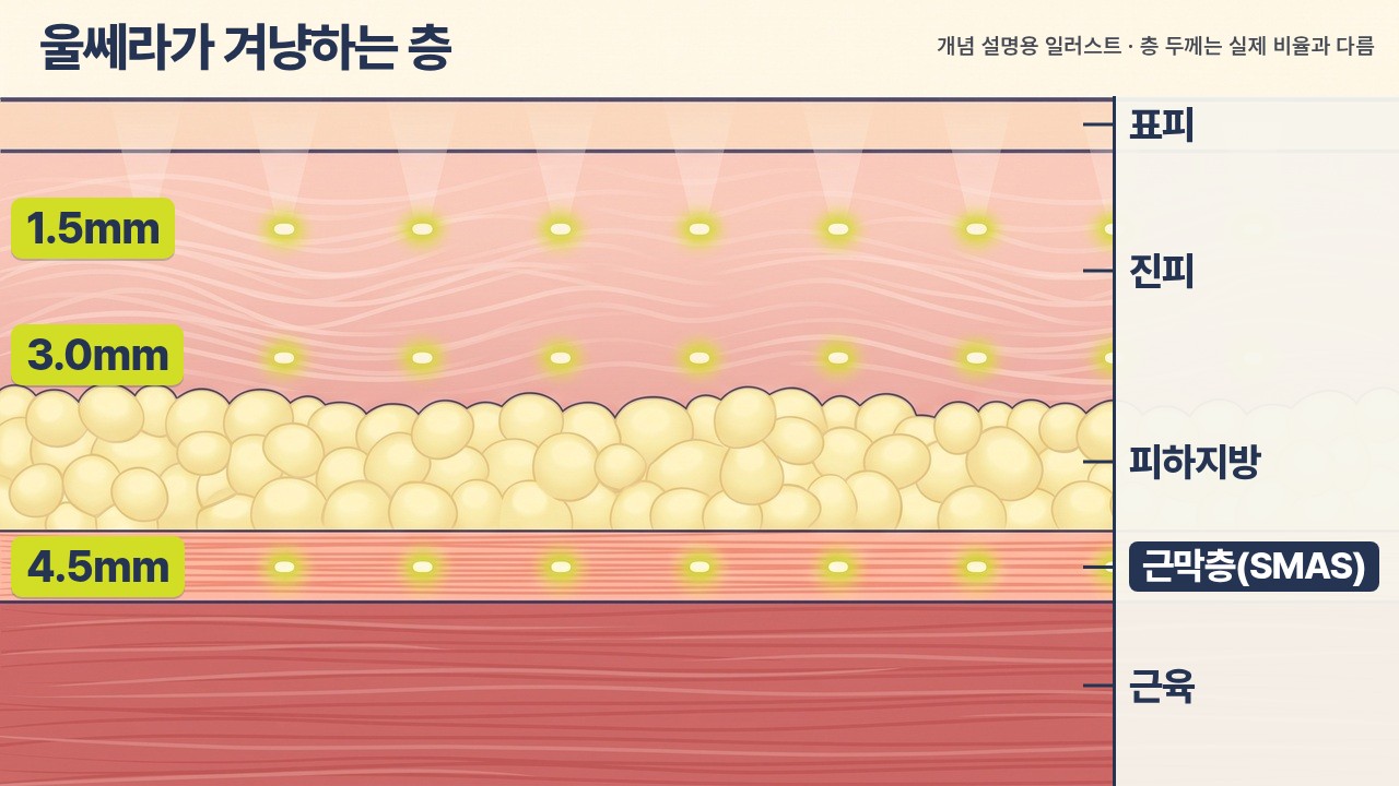 A cross-section illustration of skin with layers stacked from top to bottom: epidermis, dermis, subcutaneous fat, SMAS (superficial musculoaponeurotic system), and muscle. A legend on the right labels each layer at its height. Small glowing dots labeled 1.5mm sit in a horizontal row in the upper dermis, 3.0mm in the deeper dermis, and 4.5mm at the SMAS layer, with the title 'Layers Targeted by Ulthera.'
