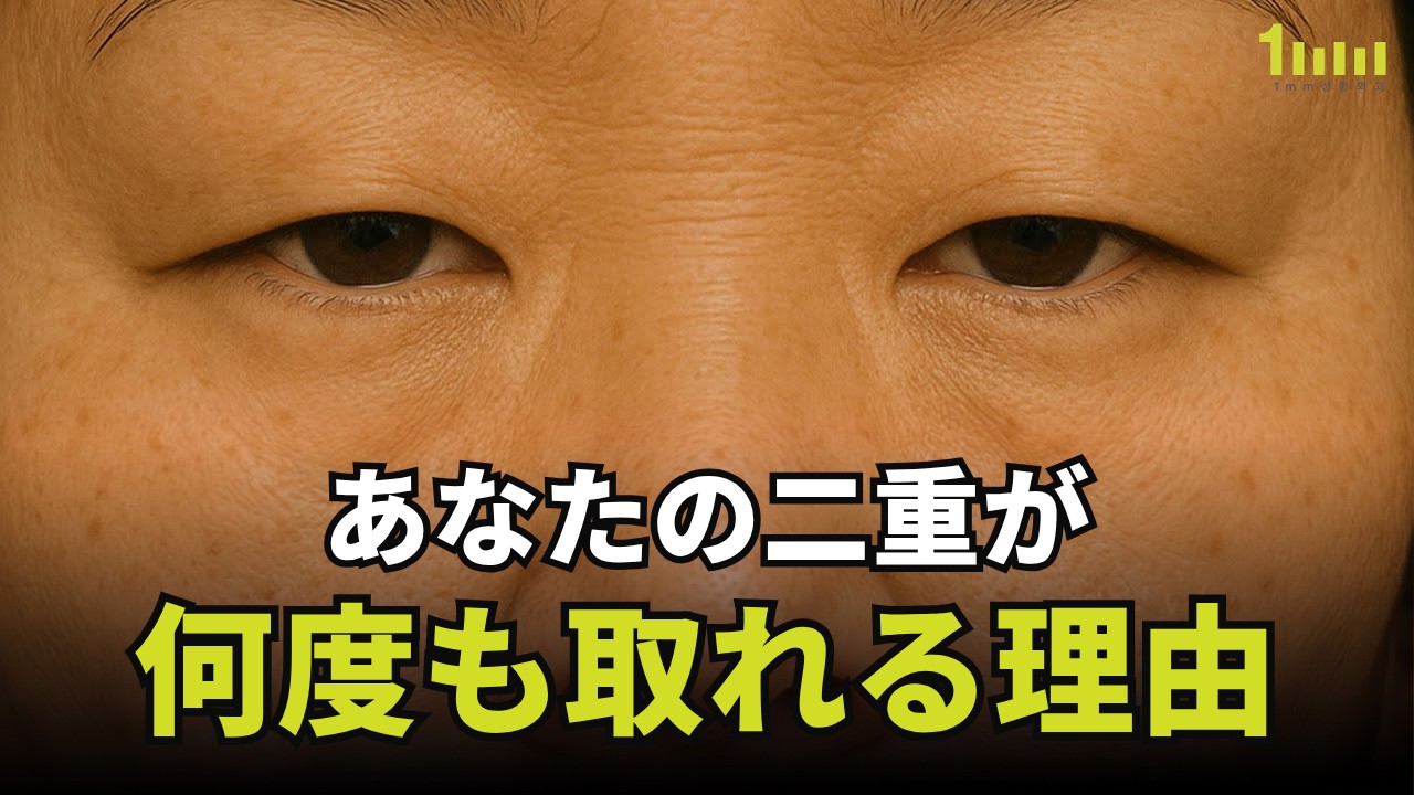二重のラインが見えない両目を近くで写した写真の下部に「あなたの二重が何度も取れる理由」という文字が重ねられた動画のサムネイル