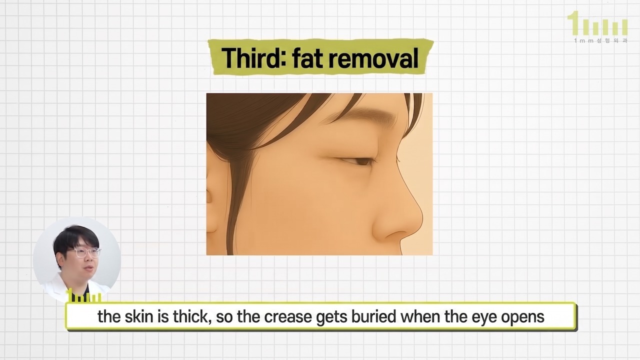 Side-view illustration of a face with a heavy upper eyelid, with the video subtitle “the skin is thick, so the crease gets buried when the eye opens”